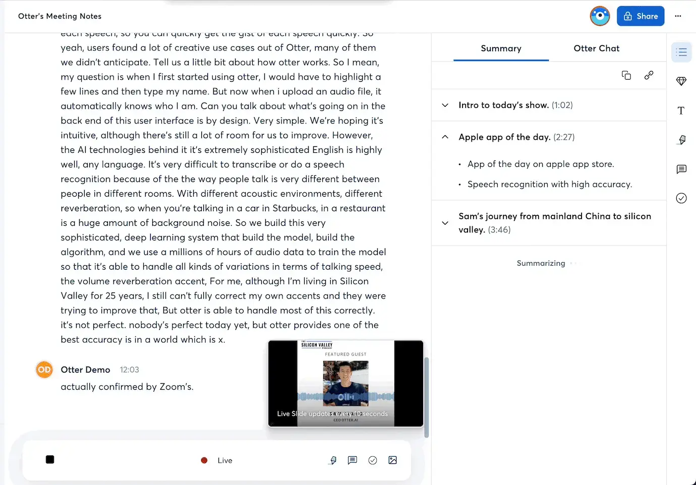 Otter product-launch meeting summary with transcript and meeting details